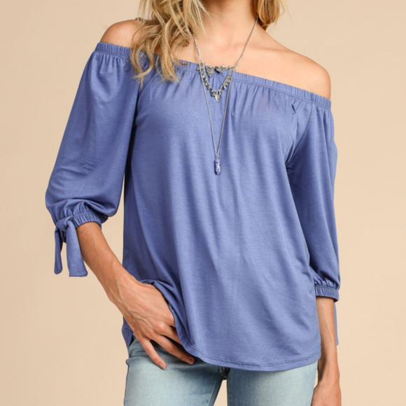 Blue Off the Shoulder Modal Tie Sleeve Top - Picture 1 of 6